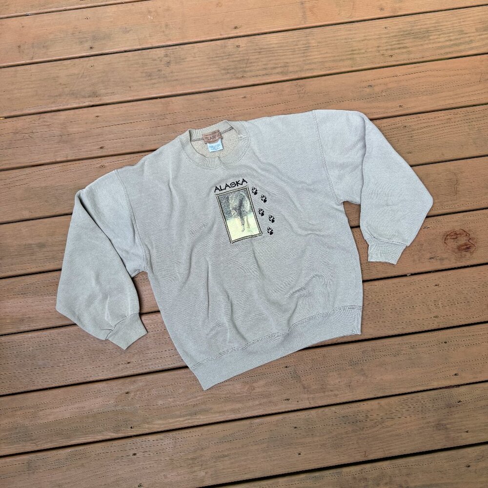 de LANNO Sweater Size L VINTAGE Up North Wolf Embroidered Fleece Sweatshirt